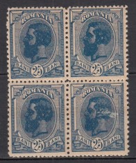 ROMANIA 1900/1906 LP 54 l REGELE CAROL I SPIC DE GRAU FARA FILIGRAN VALOAREA 25 BANI ALBASTRU INCHIS BLOC DE 4 TIMBRE STARE MNH
