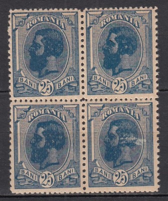 ROMANIA 1900/1906 LP 54 l REGELE CAROL I SPIC DE GRAU FARA FILIGRAN VALOAREA 25 BANI ALBASTRU INCHIS BLOC DE 4 TIMBRE STARE MNH foto