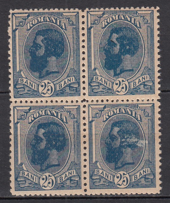 ROMANIA 1900/1906 LP 54 l REGELE CAROL I SPIC DE GRAU FARA FILIGRAN VALOAREA 25 BANI ALBASTRU INCHIS BLOC DE 4 TIMBRE STARE MNH