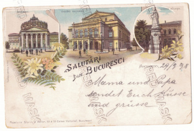 3583 - BUCURESTI, Atheneum, National Theatre, Litho - old postcard - used - 1898 foto