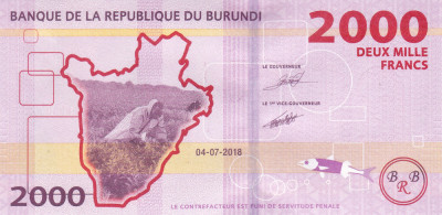 Bancnota Burundi 2.000 Franci 2018 - PNew UNC foto