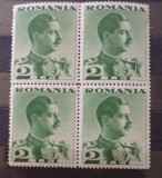 ROMANIA 1934 LP 108 Carol II FARA POSTA bloc de 4 timbre 2Lei nestampilat