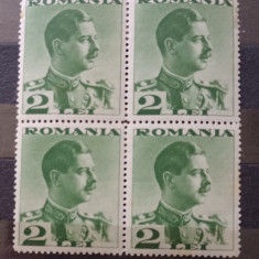 ROMANIA 1934 LP 108 Carol II FARA POSTA bloc de 4 timbre 2Lei nestampilat