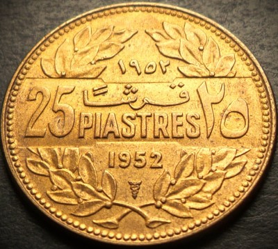 Moneda exotica 25 PIASTRES - LIBAN, anul 1952 * cod 5365 = UNC + LUCIU BATERE foto