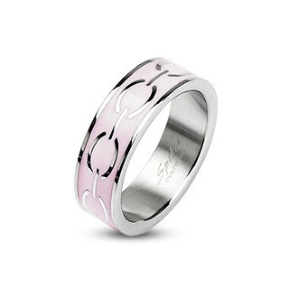 Bandă din oțel - dungă interioară roz, model cu lanț - Marime inel: 51