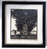 Tablou semnat Heinrich Everz - xilogravura originala scena religioasa La (Sf.) Sebastian, &icirc;ntre stejari, 1951