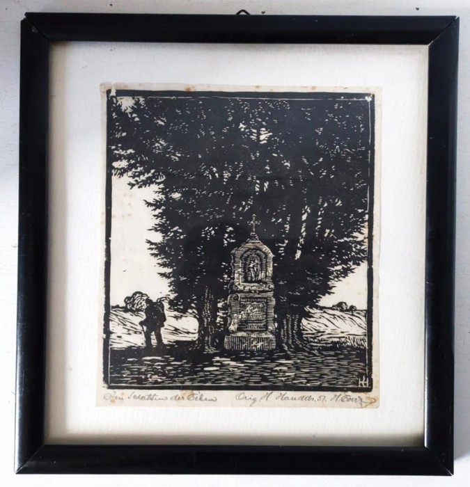 Tablou semnat Heinrich Everz - xilogravura originala scena religioasa La (Sf.) Sebastian, &icirc;ntre stejari, 1951