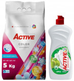 Detergent pudra pentru rufe colorate Active, sac 5kg, 68 spalari + Detergent de vase lichid Active, 0.5 litri, mar