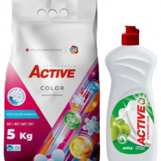 Detergent pudra pentru rufe colorate Active, sac 5kg, 68 spalari + Detergent de vase lichid Active, 0.5 litri, mar