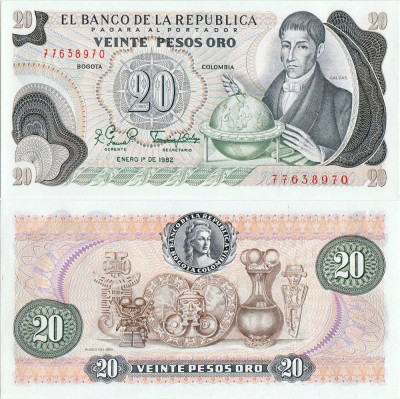1982 ( 1 I ) , 20 pesos oro ( P-409d.3 ) - Columbia - stare UNC foto