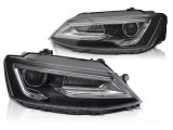 Set de faruri LED de tuning potrivit pentru Volkswagen Jetta 2011-2018 cu baza neagra, pentru modelul cu lumini halogen din fabrica, cu semnale de &icirc;nt