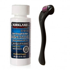 Minoxidil Kirkland 5% + Dermaroller, 1 luna aplicare, Tratament pentru barba si scalp 0.5 mm