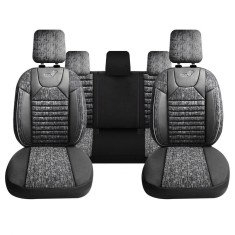 Set Huse Scaune Auto pentru Suzuki Samurai - Panda Kas, material textil cu piele ecologica, cu fermoare pentru bancheta rabatabila, gri cu negru, 11 p