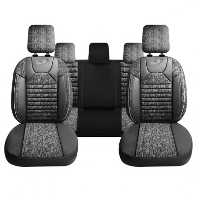 Set Huse Scaune Auto pentru Jaguar X-TYPE - Panda Kas, material textil cu piele ecologica, cu fermoare pentru bancheta rabatabila, gri cu negru, 11 pi foto