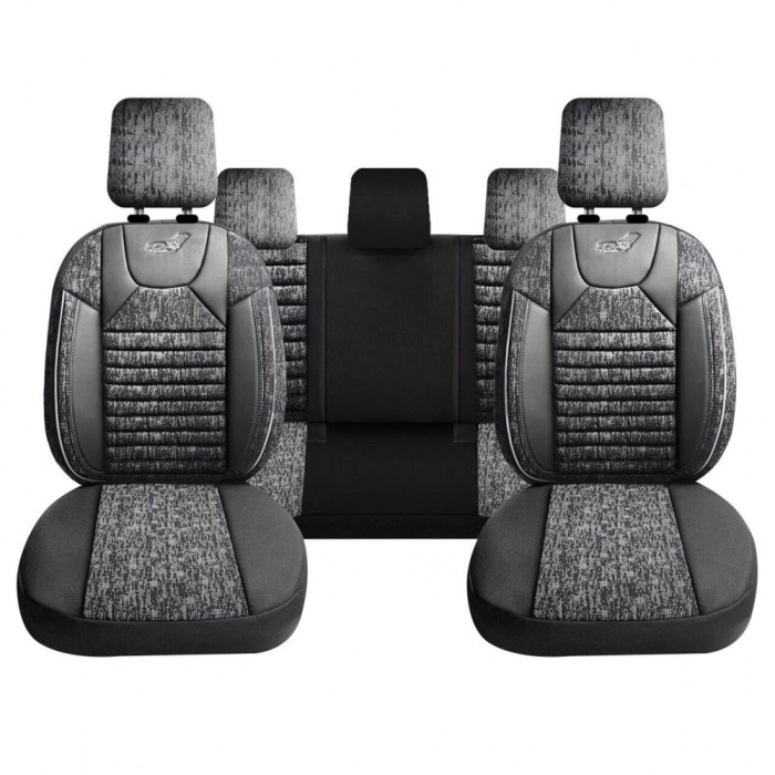 Set Huse Scaune Auto pentru Fiat Doblo - Panda Kas, material textil cu piele ecologica, cu fermoare pentru bancheta rabatabila, gri cu negru, 11 piese