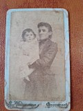 Fotografie Sepia Carton Mama si Copil, Atelier L. Waisman, Perioada Interbelica, 10.5x6.5cm