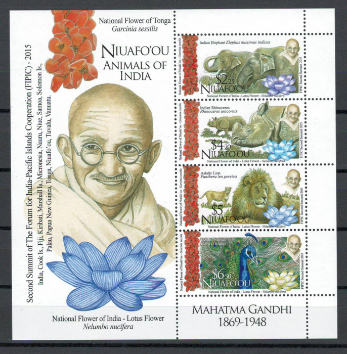 Niuafoou 2016 Mi 603/06 bl 67 - Fauna, flora, Gandhi