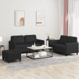 VidaXL Set de canapele cu perne, 3 piese, negru, piele ecologică