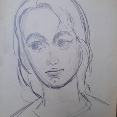 15. Portret de tanara, schita veche, desen vechi creion carbune