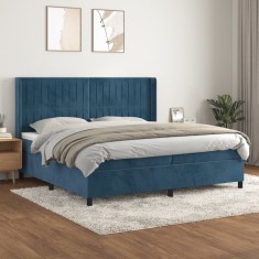 vidaXL Pat box spring cu saltea, albastru &icirc;nchis, 200x200 cm, catifea