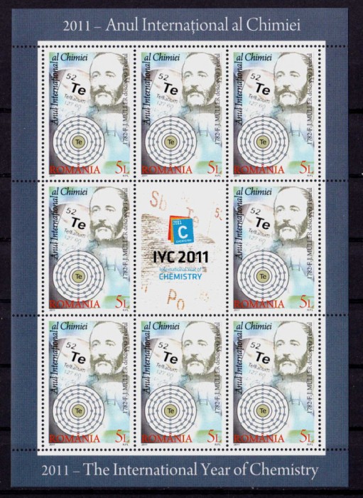 ✅RO 2011 LP 1917c &quot;Anul Internat. Al Chimiei&quot; , mcoala 8 + 1 vinieta , MNH