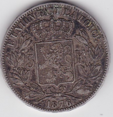 BELGIA 5 FRANCI Francs 1876 foto