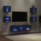vidaXL Unități de perete TV cu LED-uri, 7 piese, negru, lemn prelucrat