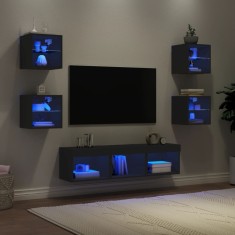 vidaXL Unități de perete TV cu LED-uri, 7 piese, negru, lemn prelucrat 3216584