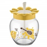 Borcan din sticla Pufo Honey cu capac si lingura pentru colectare miere, 370 ml