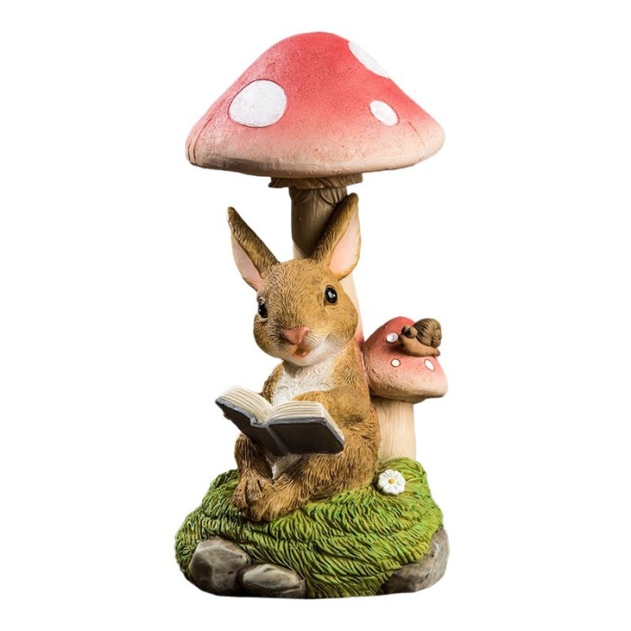 Decoratiune pentru Gradina, Lumini LED cu Incarcare solara, 19.5 x 9.5 x 9.5 cm, Model Ciuperca cu Iepuras care Citeste, Maro deschis