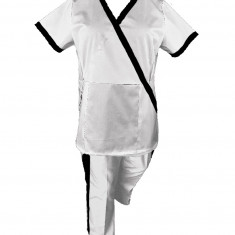 Costum Medical Pe Stil, Alb cu Elastan cu Garnitură neagra si pantaloni cu dungă neagra, Model Marinela - L, L