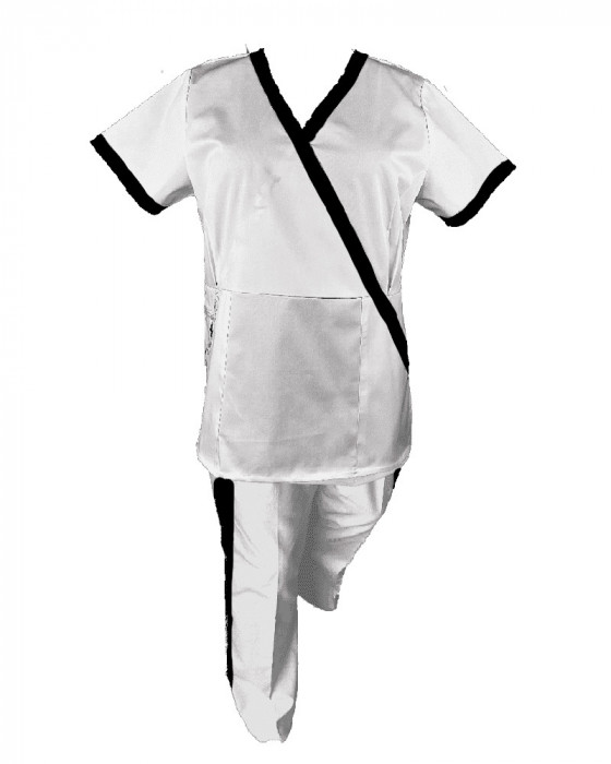 Costum Medical Pe Stil, Alb cu Elastan cu Garnitură neagra si pantaloni cu dungă neagra, Model Marinela - 3XL, M