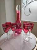 Set decantor și 6 pahare din sticlă roz pictate manual