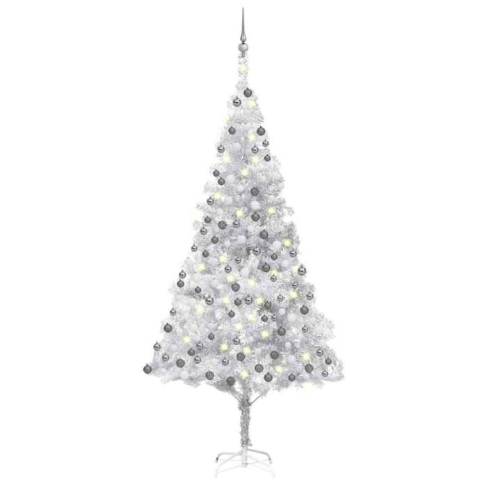 vidaXL Brad Crăciun pre-iluminat cu set globuri, argintiu, 210 cm, PET
