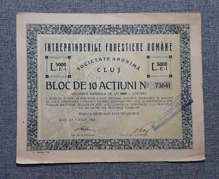 Actiune 1922 Intrep. forestiere romane din Cluj , titlu 10 actiuni