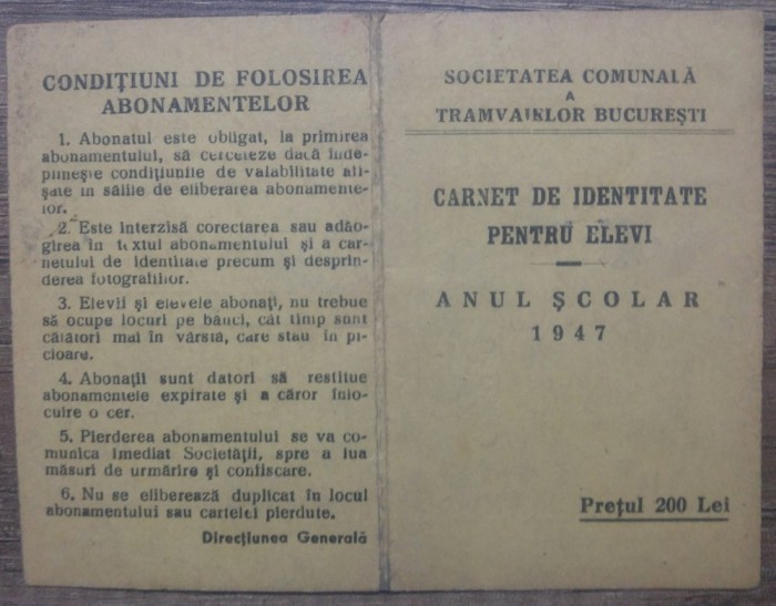 Carnet de identitate pentru elevi/ Societatea Comunala a Tramvaielor, 1947