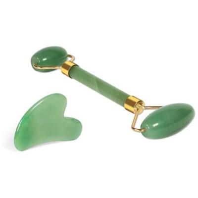 Set Rola / Roller Jade si Gua Sha din piatra de Jad, aparat / dispozitiv pentru masaj facial si corporal si drenaj limfatic, Green foto