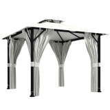 Outsunny Tonnelă de grădină exterior 3x3m pavilion de grădină, acoperiș dublu, draperii, c&acirc;rlige pentru tavan, cadru metalic, crem | Aosom Romania