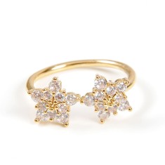 Inel placat cu aur si flori stralucitoare duble