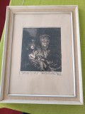 Tablou inramat, batrana si un baiat cu lumanari gravura veche dupa Peter Paul Rubens