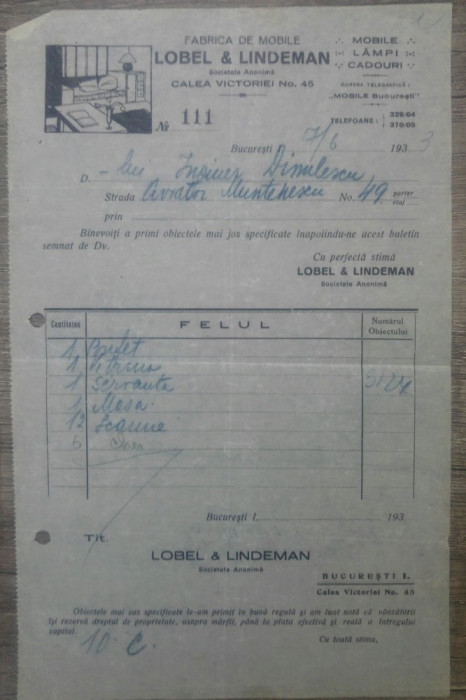 Document Fabrica de mobile Lobel &amp; Lindeman/ Bucuresti 1933