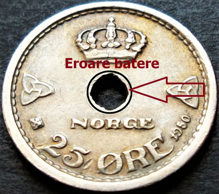 Moneda istorica 25 ORE - NORVEGIA, anul 1950 * cod 331 - EROARE BATERE CERC