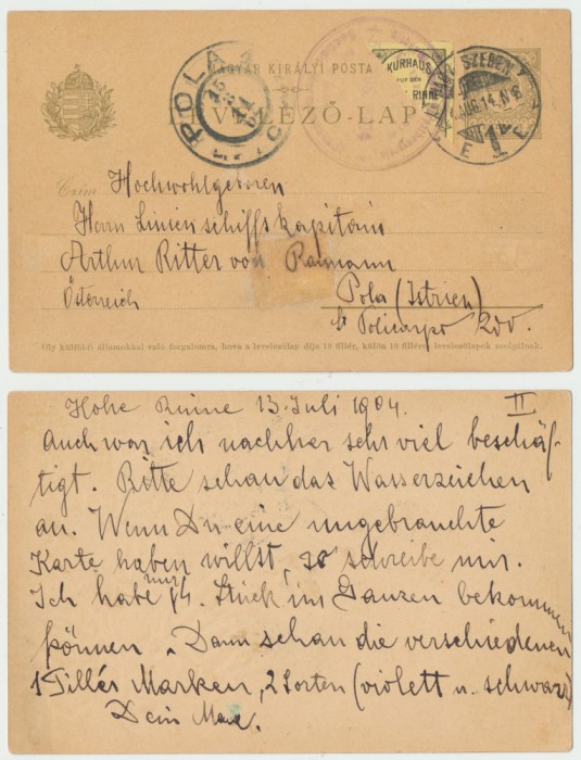 Posta locala Paltinis timbru local Hohe Rinne nedantelat de 4 heller din 1900 circulat injumatatit pe carte postala RRR!