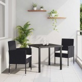 VidaXL Set de dining pentru grădină , 3 piese, cu perne - din rattan negru și poliester.