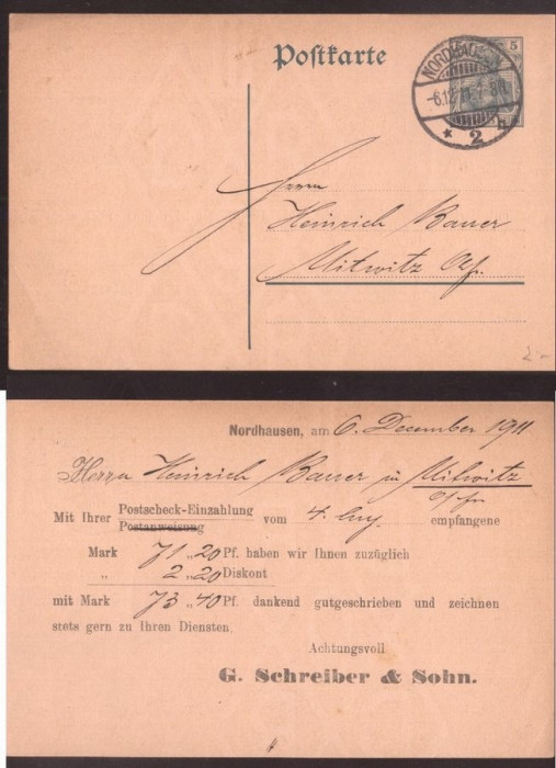 Germany 1911 Postal History Rare Old postcard postal stationery Nordhausen D.469