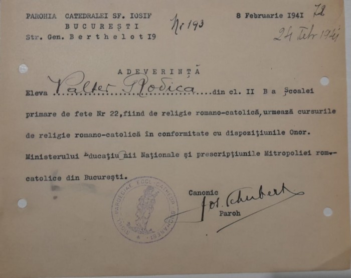 1941 Adev Catedrala Sf Iosif Bucuresti / pr Joseph Schubert semnat olograf D1