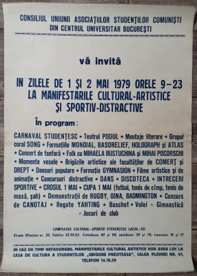 Afis manifestari cultural-artistice cu ocazia zilele de 1 si 2 mai 1979 foto