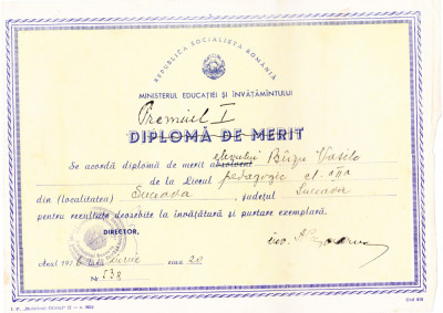 AMS - DIPLOMA DE MERIT LICEUL PEDAGOGIC SUCEAVA 1976 foto