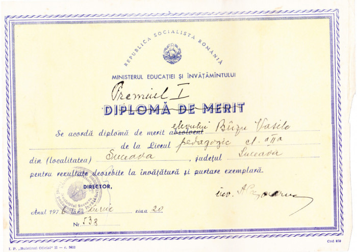 AMS - DIPLOMA DE MERIT LICEUL PEDAGOGIC SUCEAVA 1976