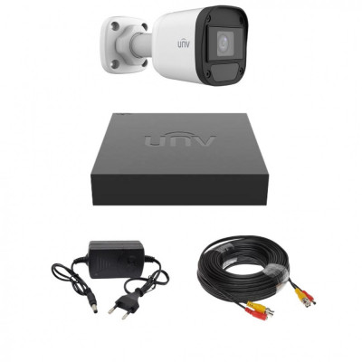 Kit de supraveghere Uniview cu 1 camera de 2 Megapixeli, Infrarosu 20M, DVR Hibrid cu 4 canale 2MP, Cablu, Sursa alimentare SafetyGuard Surveillance foto